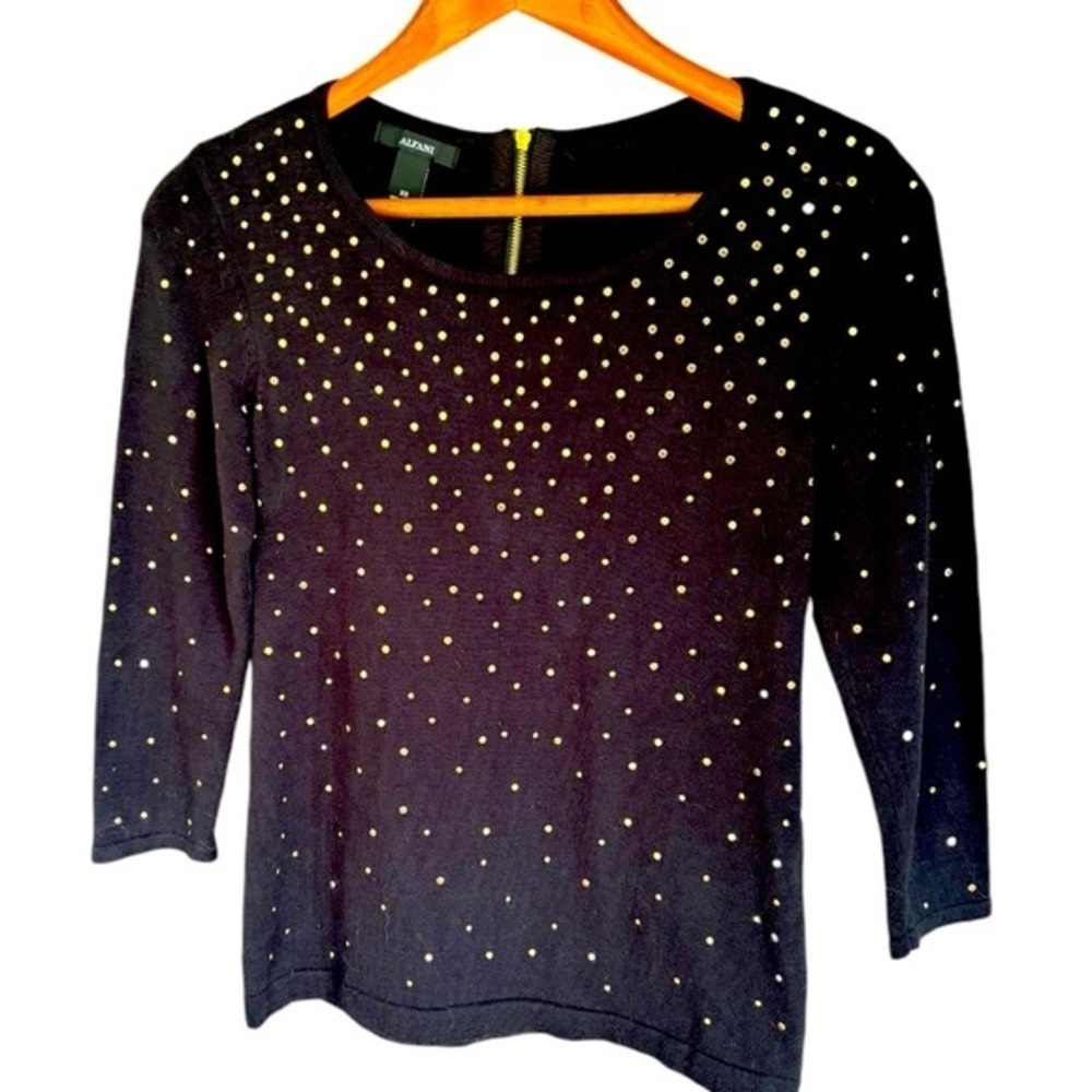 Alfani Black Sweater with Gold Studs Size XS Round Neck Long Sleeve Cotton